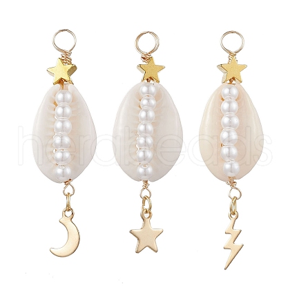 3Pcs 3 Styles Natural Cowrie Shell  Copper Wire Wrapped Glass Pearl Pendants PALLOY-JF03503-1