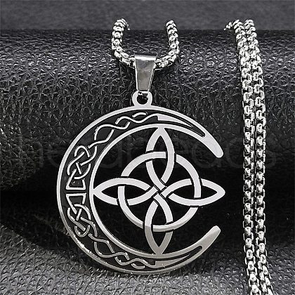 Moon with Trinity Knot 304 Stainless Steel Enamel Pendant Necklaces for Men Women NJEW-G087-10P-1