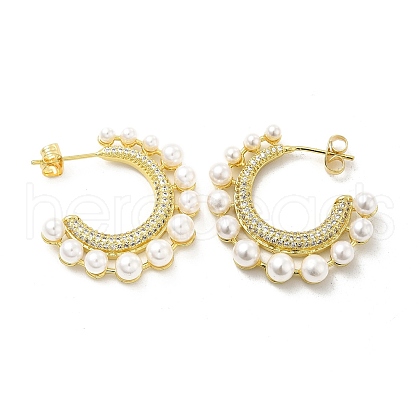 Clear Cubic Zirconia C-shape Stud Earrings with ABS Pearl Beaded EJEW-E273-09LG-1