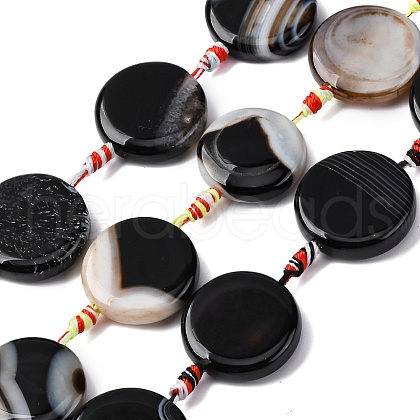 Natural Striped Agate/Banded Agate Coin Beads Strands G-NH0040-01G-1