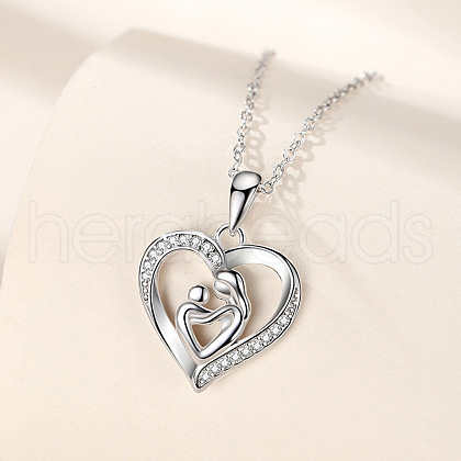 Mother's Day Brass Micro Pave Clear Cubic Zirconia Mother and Baby Heart Pendant Necklaces for Women NJEW-C085-01A-P-1