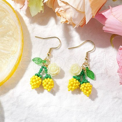 Flower with Cherry 304 Stainless Steel Glass Seed Beads Dangle Earrings EJEW-MZ00419-04-1