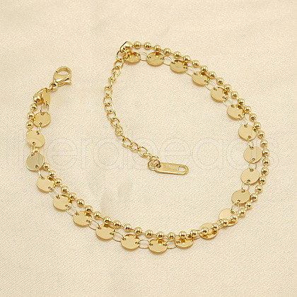 304 Stainless Steel Sequin Disc Link Chain & Ball Chain Double Layer Anklets for Women FS-WG0AA08-01-1