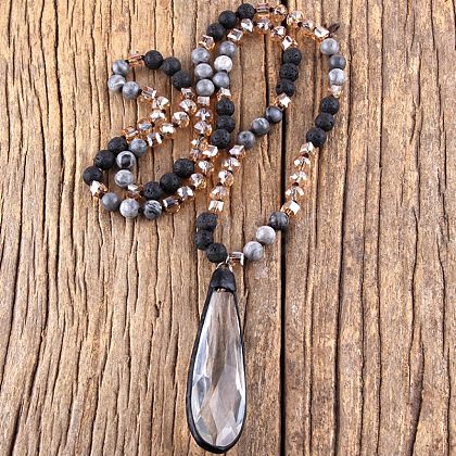 Bohemian Style Teardrop Glass Pendant Natural Lava Rock & Map Stone Round Beaded Long Necklaces for Women FS-WG767EC-01-1