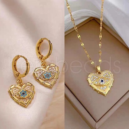 Heart with Eye Pattern 304 Stainless Steel Micro Pave Cubic Zirconia Pendant Necklace & Hoop Earrings Sets FS-WGB58AC-03-1