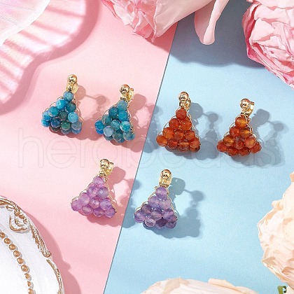 3Pairs Brass Natural Agate & Natural Amethyst & Natural Apatite Hoop Earrings EJEW-TA00620-1