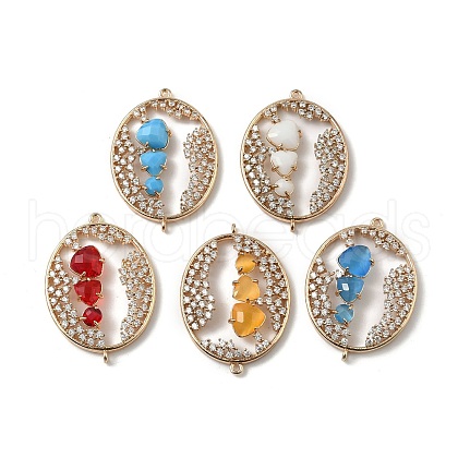 Brass Micro Pave Clear Cubic Zirconia and Glass Oval Connector Charms KK-I276-31G-B-1