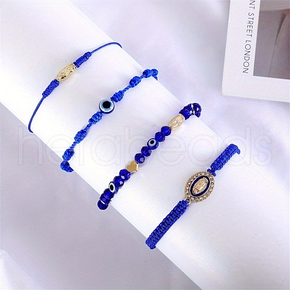 4Pcs 4 Styles Golden Alloy Link & Resin Beads Braided Bead Bracelets & Glass Beads Stretch Bracelets FS-WG3FBEF-04-1