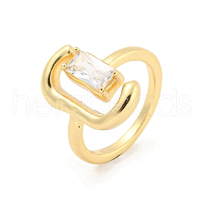 Letter C & Rectangle Brass Micro Pave Clear Cubic Zirconia Open Cuff Rings RJEW-G309-27G-1