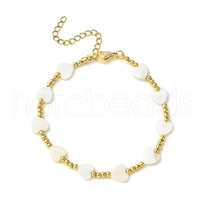 Natural Shell Heart & Brass Beaded Bracelet for Women BJEW-TA00358-1