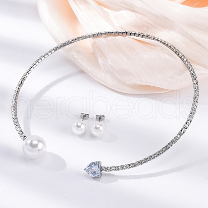Round Plastic Imitation Pearl Stud Earrings & Heart Cubic Zirconia Rhinestone Cuff Choker Necklaces Sets SJEW-U003-10P-1