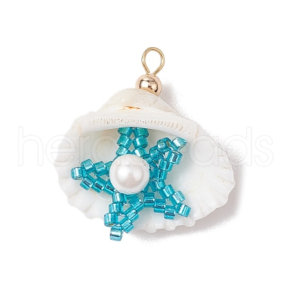 Cylinder Seed Beaded Starfish & Shell Pendants PALLOY-MZ00547-06-1