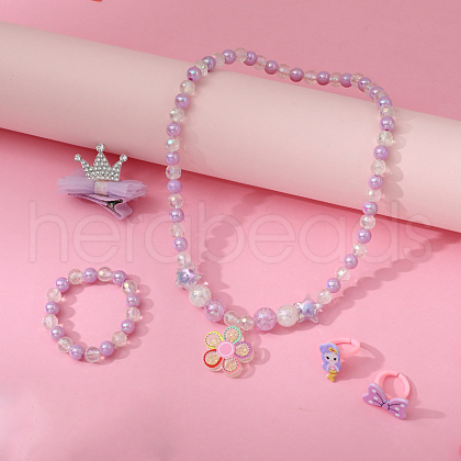 Flower Plastic Pendant Necklaces & Beaded Bracelets & Rings & Hair Clips for Children FS-WG6B3C8-03-1