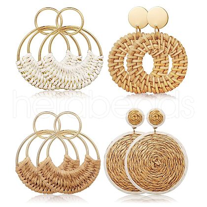4Pairs Flat Round Alloy Raffia Dangle Stud Earrings FS-WG1ECDE-01-1