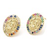 Rack Plating Brass Oval with Virgin Mary Stud Earrings with Colorful Cubic Zirconia EJEW-A103-04G-1