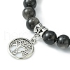 Natural Lava Rock & Silver Obsidian Beaded Stretch Bracelet with Alloy Charms BJEW-JB09453-3
