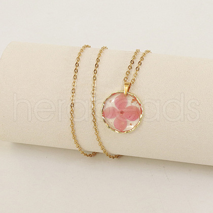 Alloy & Plastic Inner Flower Flat Round Pendant Necklaces FS-WG8915D-18-1