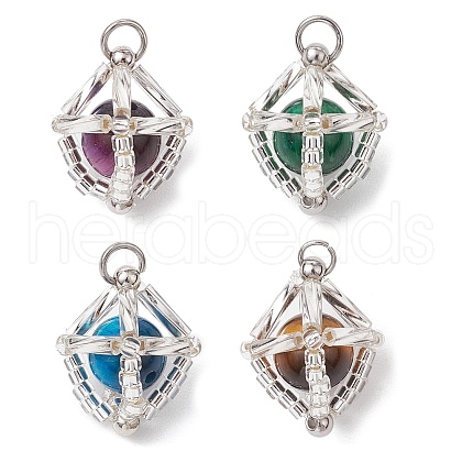 Natural Tiger Eye & Handmade Glass Seed Beaded Round Pendants PALLOY-MZ00469-1
