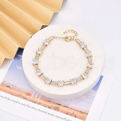 Brass Micro Pave Clear Cubic Zirconia Rectangle Link Chain Bracelets for Women ZIRC-T016-06G-1