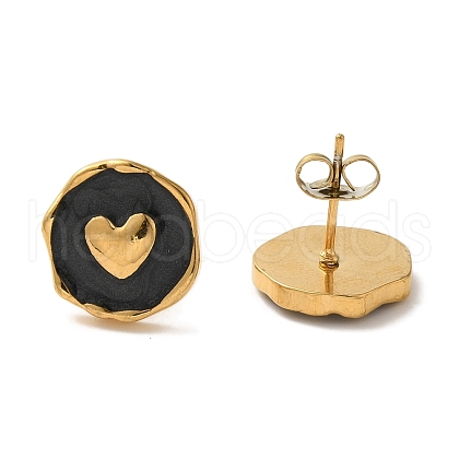Ion Plating(IP) 304 Stainless Steel Flat Round with Heart Stud Earrings EJEW-C114-15G-01-1