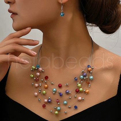 Bohemian Ethnic Style Alloy & Plastic Pearl & Glass Round Beaded Multilayer Necklaces & Dangle Earrings Sets FS-WG56E61-01-1