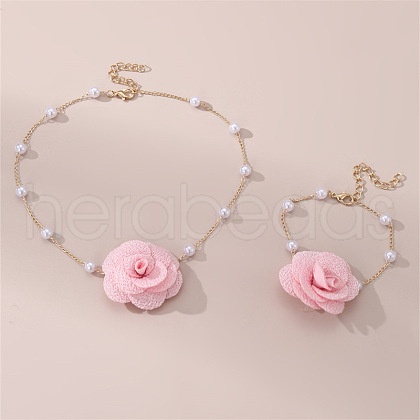 Rose Cloth & Plastic Pearl Pendant Necklaces & Charm Bracelets Sets FS-WG981E4-04-1