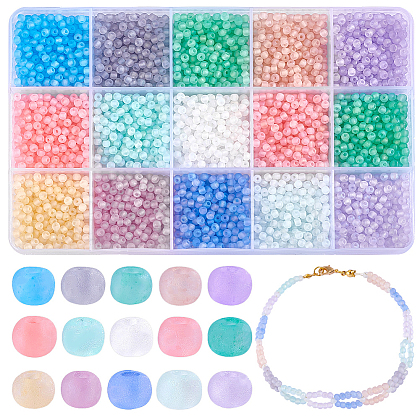   150G 15 Colors Transparent Frosted Glass Round Seed Beads GLAA-PH0003-08-1