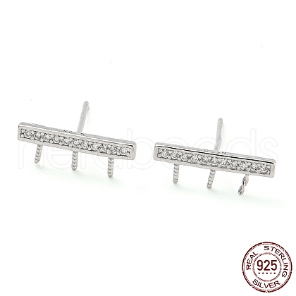 Rhodium Plated Rectangle 925 Sterling Silver Micro Pave Clear Cubic Zirconia Stud Earring Findings STER-Q192-12P-1