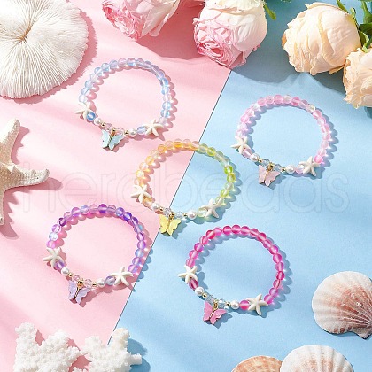 5Pcs Synthetic Moonstone & Glass Beaded Stretch Bracelets Alloy Acrylic Butterfly Charm Bracelets for Women BJEW-JB11855-1