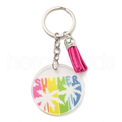 Acrylic Flat Round with Suede Tassel Pendant Keychain KEYC-G060-01F-1