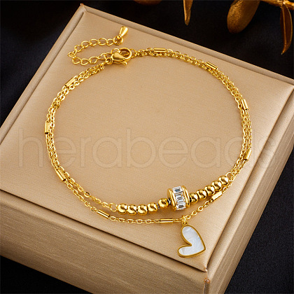 304 Stainless Steel Crystal Rhinestone & Natural Shell Heart Double Layer Anklets FS-WGEF8AA-03-1