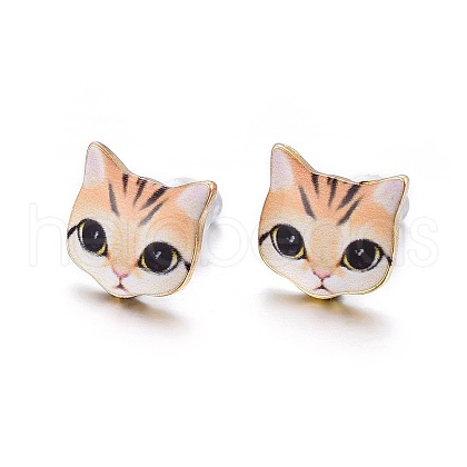 Real 14K Gold Plated Alloy Kitten Stud Earrings EJEW-G148-01G-09-1