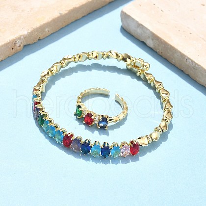 Oval Brass Micro Pave Cubic Zirconia Cuff Bangles & Rings Sets for Women SJEW-R002-06G-07-1