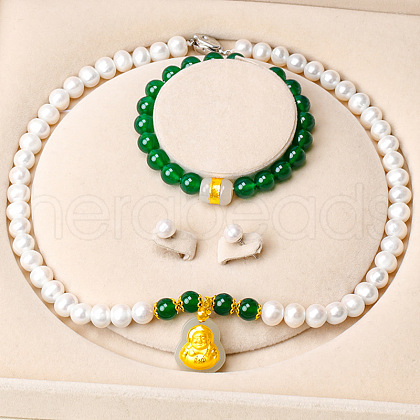Mother's Day Jewellery Natural Freshwater Pearl Chrysoprase Beaded Necklace & Bracelets & Earrings Sets for Women WGE4EAE-21-1