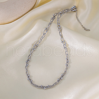 304 Stainless Steel 3 Layer Crossed Round Snake Chain Round Beads Chain Necklaces for Women FS-WG400CC-02-1