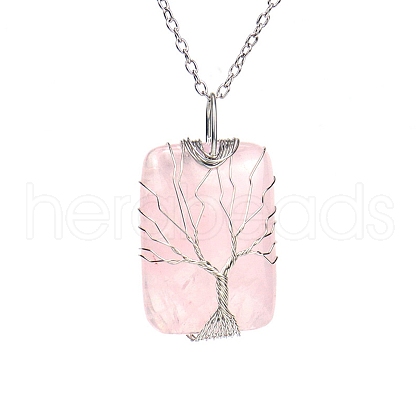 Natural Rose Quartz Pendant Necklace with Brass Cable Chains PW23042504462-1