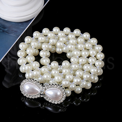 White Acrylic Imitiaotn Pearl Beaded Elastic Chain Belts with Alloy Buckles WGEAB88-04-1