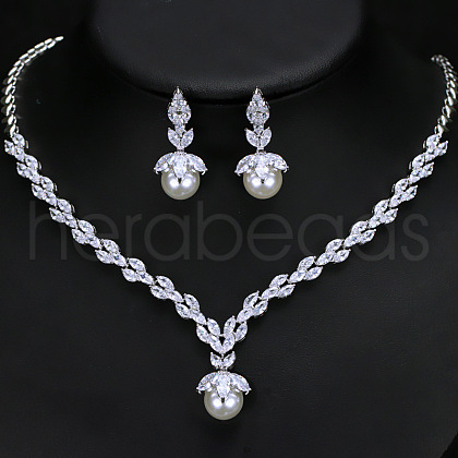Leaf Brass Micro Pave Clear Cubic Zirconia Pendant Necklaces & Stud Dangle Earrings Sets FS-WG7D71A-01-1