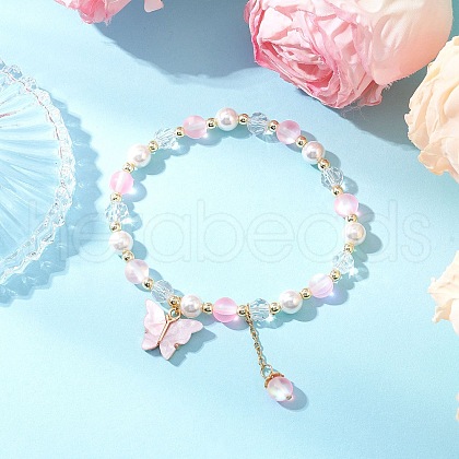 Frosted Dyed Synthetic Moonstone & Shell Pearl Round Beads Stretch Bracelets BJEW-JB11822-01-1