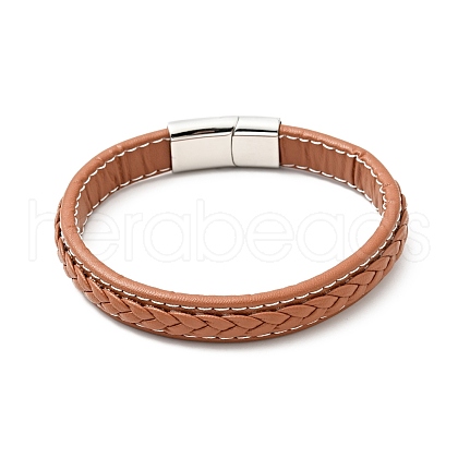 Cowhide Braided Flat Cord Bracelet with 304 Stainless Steel Magnetic Clasps BJEW-H552-01P-02-1