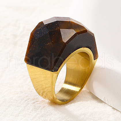 Fashionable 304 Stainless Steel & Natural Tiger Eye Finger Rings FS-WG90577-29-1