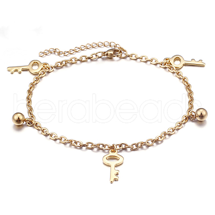 Key and Round Ball Charm 304 Stainless Steel Cable Chain Anklets for Women FS-WGBFDD0-01-1