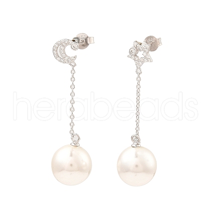 Shell Pearl Round Dangle Stud Earrings EJEW-Z024-08B-P-1