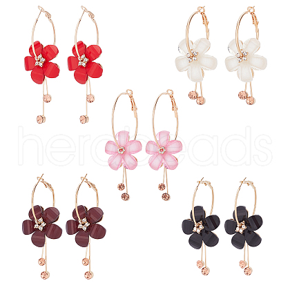 ANATTASOUL 5 Pairs 5 Colors Acrylic Flower Dangle Hoop Earrings with Rhinestone Tassel EJEW-AN0003-70-1
