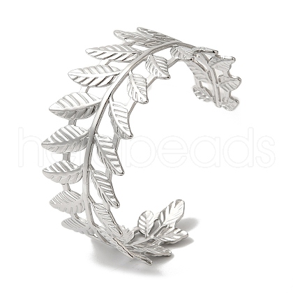Stainless Steel Hollow Leaf Open Cuff Bangles for Women BJEW-G719-14P-1