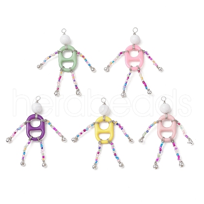 Natural White Jade & Acrylic & Glass Seed Beaded Human Big Pendants PALLOY-JF03500-1