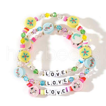 3Pcs Christmas Theme Handmade Polymer Clay & Glass Bicone Beads Stretch Bracelet Sets QY3550-4-1