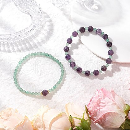 2Pcs Natural Green Aventurine & Amethyst Round Beaded Stretch Bracelets for Women BJEW-JB11928-1
