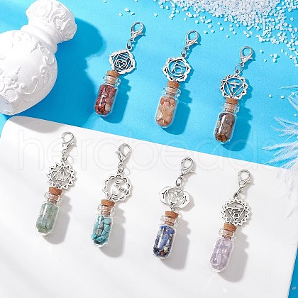 7 Chakra Natural Red Aventurine & Red Jasper & Green Aventurine & Tiger Eye & Synthetic Turquoise & Amethyst & Lapis Lazuli Chips inside Glass Wishing Bottle Pendant Decorations HJEW-JM03099-02-1