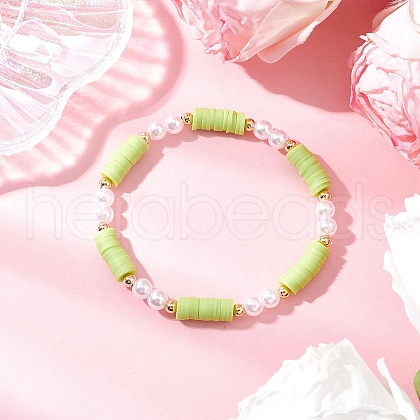 Handmade Polymer Clay Beads with ABS Plastic Imitation Pearl Beads and Brass Spacer Beads and Korean Elastic Crystal Thread Bracelets BJEW-JB11780-02-1